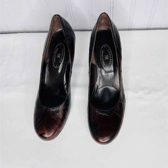 Cuoieria Fiorentina Italy Tuscan Sz 8.5 Heels Chocolate Brown Leather Floral - Picture 2 of 11